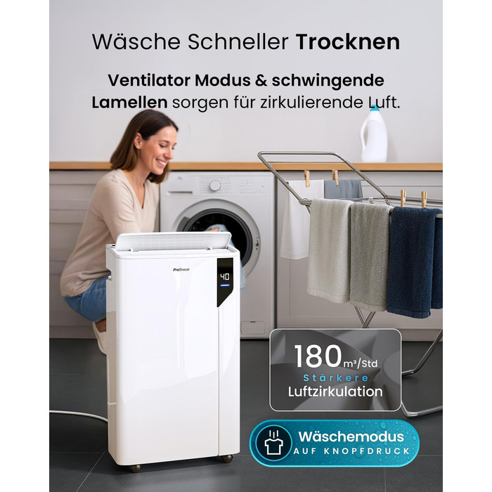 Електричний осушувач повітря Pro Breeze 20L - для приміщень до 35м², з функцією сушіння білизни, датчиком вологості, таймером та фільтром. Захист від плісняви. Керування через додаток.