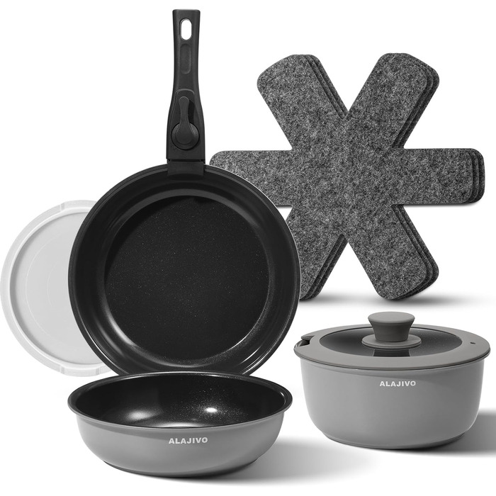 Набір посуду 9-ти частинний з знімним ручками, антипригарне покриття, для всіх типів плит, включаючи індукційні, сумісний з духовкою (сірий)