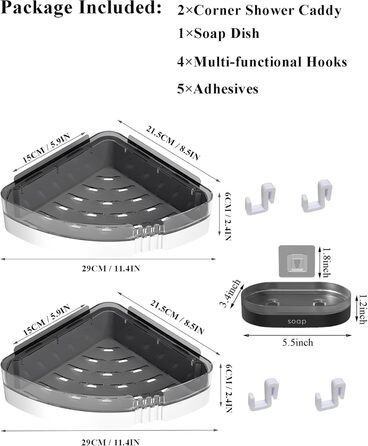 Кутовий душовий кадді WeshyiGo, 2 клейкі полиці з мильницею та 4 гачками, настінні для ванної кімнати та кухні
