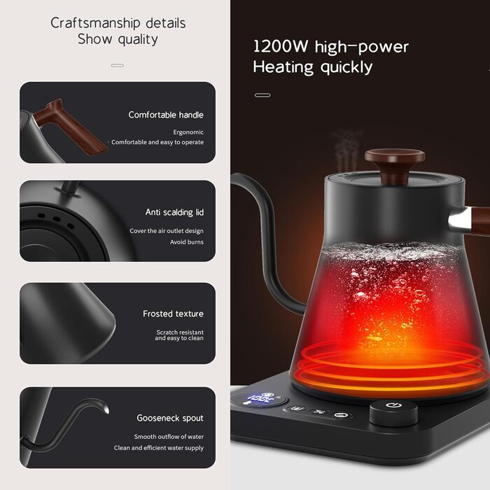 Чайник з налаштуванням температури KitchenAid, 1200W, 0.9L, 304 нержавіюча сталь, чорний, з функцією підтримання тепла