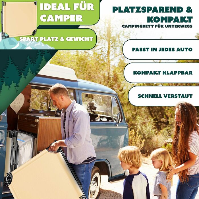 Розкладне кемпінгове ліжко KESSER з преміум-матрацом 190x68x30 см, польове ліжко до 250 кг з подушкою, кишенею та підстаканником, для відпочинку на природі та дому (Колір: Кава/Крем)