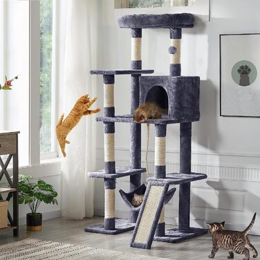 Кігтеточка для котів Yaheetech Cat Tree 159см Міцне котяче дерево з котячими печерами та платформами Ігровий будиночок для котів темно-сірий