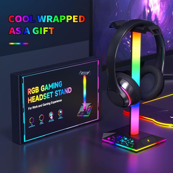 Кронштейн для гарнітури HCMAN RGB з 2 USB, світлодіодна підставка для навушників для ПК-геймера, чорний