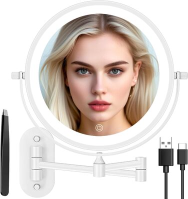 Дзеркало для макіяжу Auxmir з підсвічуванням, 1x, перезаряджуване, з підсвічуванням для гоління, настінне, з регулюванням яскравості, збільшувальне (30x), 3 кольори світла, поворотне на 360°, для ванної кімнати (білий)