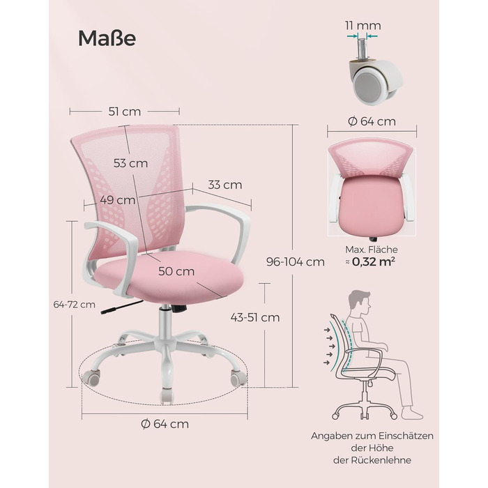 Ергономічне офісне крісло SONGMICS для комп'ютера, сітчасте стілець для робочого столу з функцією гойдання, регулюванням висоти, пастельно-рожеве, до 120 кг, OBN022GD01