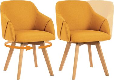 Обідальні стільці Bekrvio (2 шт) з обертанням та підлокітниками – 360° для їдальні, стільці до обіднього столу, обертаються, з м'яким сидінням, з дерев'яними ніжками з масиву бука, жовті, з тканини льон