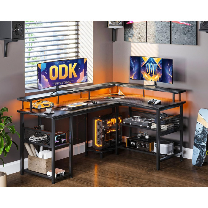 Ігровий стіл ODK з LED-підсвічуванням, 150x102 см, з 2 розетками та 2 USB-портами, кутовий, з підставкою для роутера, карбон, чорний