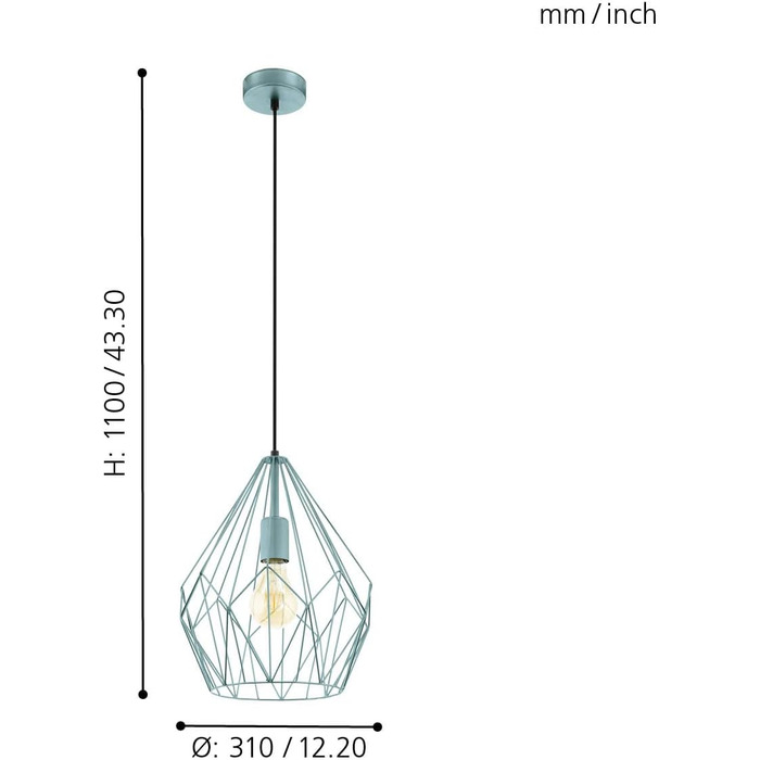 Підвісний світильник EGLO Carlton, вінтажний підвісний світильник на 1 полум'я, ретро підвісний світильник з металу в матовому кольорі, цоколь E27 (Mint)