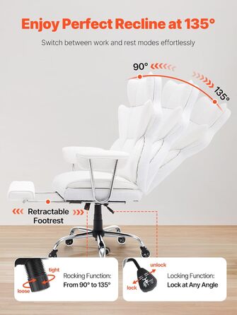 Крісло офісне VEVOR з PU шкірою, біле, для начальника з підніжкою, регульоване по висоті, до 181,43 кг, 860 x 610 мм, поворотне