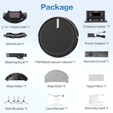 Робот-пилосос AIRROBO P30 з функцією миття, 3000Pa, 3-в-1, для тварин, килимів, твердих підлог, з пультом дистанційного керування, час роботи 120 хв (чорно-сірий)