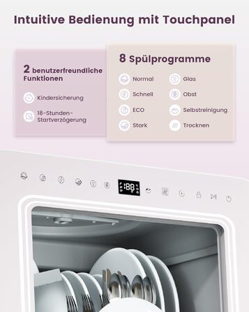 Посудомийна машина HAVA для столу з пом'якшувачем води та підвищеною енергоефективністю, 8 програм миття, блокування від дітей та відкладений старт, не потребує встановлення - ніжний лавандовий колір, TDJR09