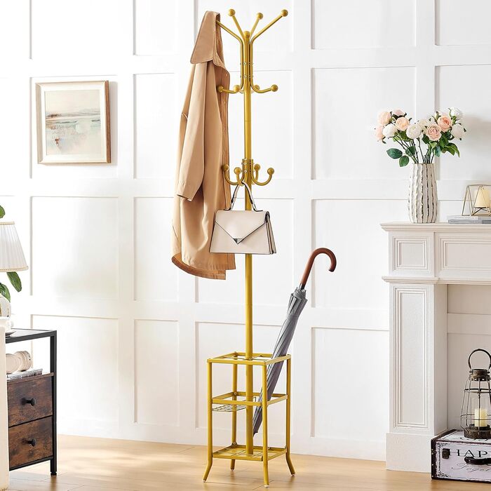 Стійка для одягу FAVOOOSTY з підставкою для парасольки, 12 гачків, для вітальні/спальні, срібло/золото