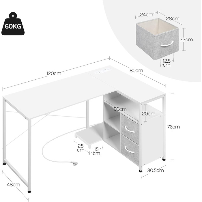 Кутовий стіл WOLTU білий з USB-роз'ємами (A/C) 120x80x75 см - стіл для комп'ютера з полицею та підключенням до електромережі, металевий каркас