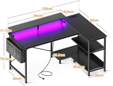 Ігровий стіл Coleshome L-подібний з LED-підсвіткою і розетками, 120x80 см, кутовий письмовий стіл з полицею, реверсивний, чорний, з підставкою для монітора для офісу та робочої кімнати