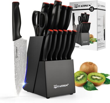 Набір кухонних ножів Katisun 16 шт. з японської сталі, з підставкою, точилкою, дощечкою та ножицями. Набір ножів для нарізки, шинкування та різання, безпечний для миття в посудомийній машині (15 ножів, лазерне різання)