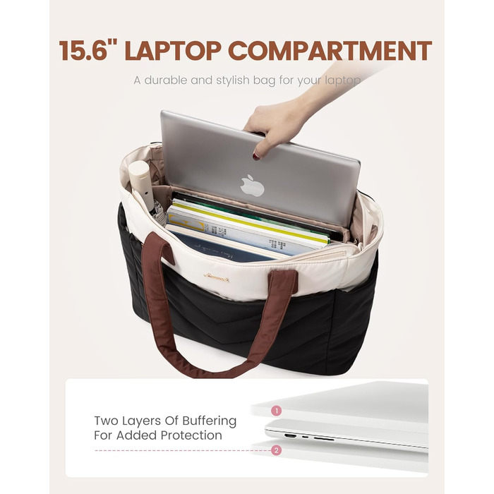Сумка для ноутбука LOVEVOOK 15.6 дюймів, жіноча: шопер, велика робоча сумка, для навчання, універсітету, бізнесу (чорно-біро-коричнева)