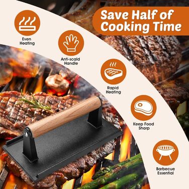 Пресс для бургерів Freelander з чавуну, набір для розчавлювання бургерів (Ø 17.6 см, 20.5 см), прес для гриля з термостійкою ручкою, великий бургерний прес для BBQ, стейків, сендвічів (чорний, прямокутний)