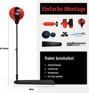 Боксерський м'яч COSTWAY 85-130см регулюється по висоті, дитячий боксерський набір окремо стоячий, боксерський м'яч стоячи підходить для хлопчиків і дівчаток від 8 років, набір боксерської груші в т.ч. боксерські рукавички і ручний насос