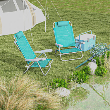 Набір з 2 складних кемпінгових стільців з регульованою спинкою (6 положень), підголівником, 62 x 65 x 80 см, бірюзовий