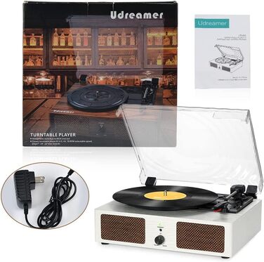 Вініловий програвач Udreamer з Bluetooth, вбудованими динаміками, ремінним приводом, 3 швидкості, ретро-стиль, білий, для музики та декору