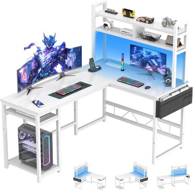 Ігровий стіл Devoko L-подібної форми з LED-підсвічуванням, 140 x 120 см, з 2 розетками та 2 USB-портами, з полицями для зберігання, білий