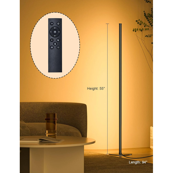 LED торшер для вітальні, білий з пультом ДУ, RGB 16 млн кольорів, синхронізація з музикою, 140 см, кутова лампа для ТБ, спальні, ігрової кімнати