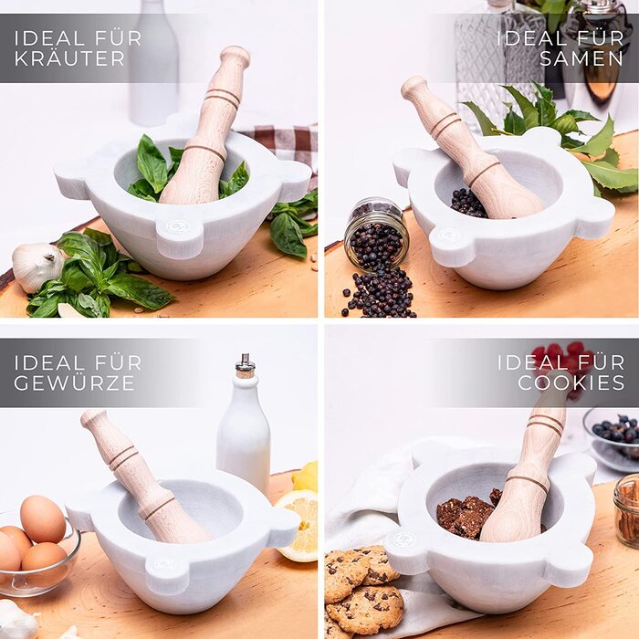 Морта для спецій та песто з мармуру Каррара Білий з товстою пестиком - Італія, Генуя (20 см, діаметр 20 см)