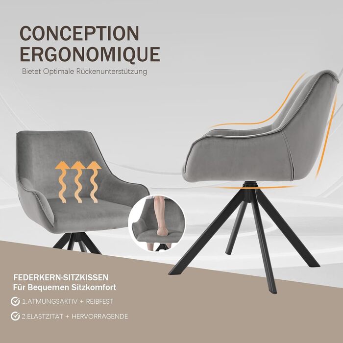 Обідні стільці поворотні, комплект 6 шт. з підлокітниками, сучасний дизайн, металевий каркас, для кухні, вітальні, офісу, бежевий/світло-сірий (льон/велюр)