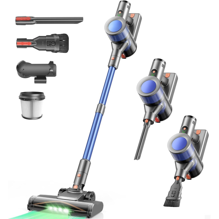 Бездротовий пилосос Dzaki 45000Pa з акумулятором, Smart-дисплеєм, функцією паркування та антизаплутанащістю для килимів, твердих поверхонь, шерсті тварин та авто (блакитно-сірий)