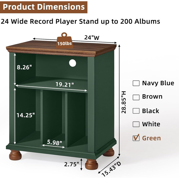 Стійка для програвача LELELINKY, полиця для платівок, місце для 200 платівок, дерев'яний стіл для програвача, полиця для платівок у вітальню, спальню, офіс (зелений)