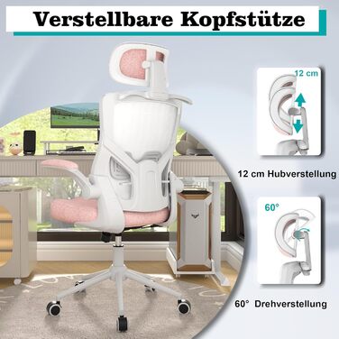 Ергономічне крісло для офісу з регульованою підголівником та поперековою підтримкою – високе офісне крісло з сітчатим спинком та м'яким сидінням, вішалка для одягу та функцією блокування (білий та рожевий)