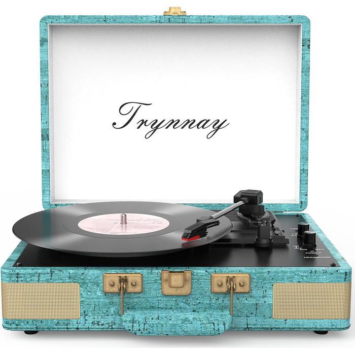 Вініловий програвач Trynnay 3-швидкісний Bluetooth, портативний ретро програвач у валізі з вбудованими динаміками, покриття зі штучної шкіри, синій