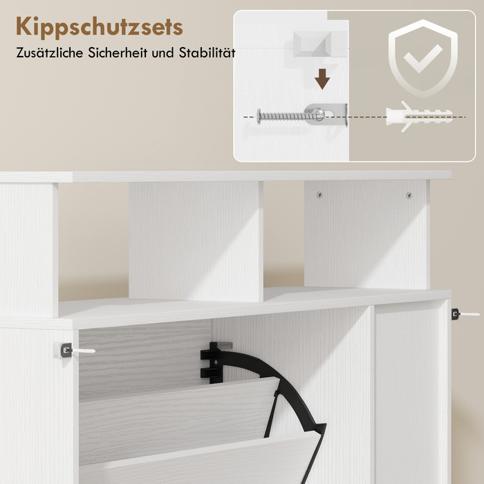 Шафа для взуття з 2 дверцятами та похилим механізмом, з регульованою перегородкою та відкритою полицею на 12 пар взуття, 89 x 25 x 92 см, біла