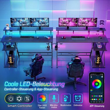 Ігровий стіл SEVEN WARRIOR з LED-підсвічуванням та розетками, стіл з підставкою для монітора, комп'ютерний стіл з 2 гачками, ідеальний для спальні, вітальні (100 см)