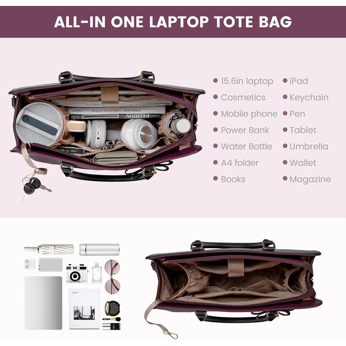 Сумка LOVEVOOK для жінок, велика, 15.6 дюймів, для ноутбука, робоча, елегантна, однотонна, шкіряна, для школи, офісу, ділових поїздок, shopper, tote bag (15.6 дюймів, фіолетово-чорна)
