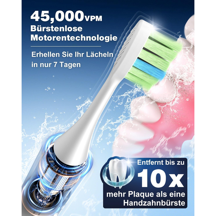 Електрична звукова зубна щітка з 6 насадками DuPont, 5 режимів, таймер, індикатор заряду, 120 днів роботи від акумулятора, 45000 VPM, відбілювання за 1 тиждень
