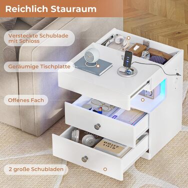 Нічний столик AOGLLATI з секретною поличкою, розеткою та LED-підсвіткою. 2 шухляди, висувний ящик, полиця. Білий, 40x35x59 см