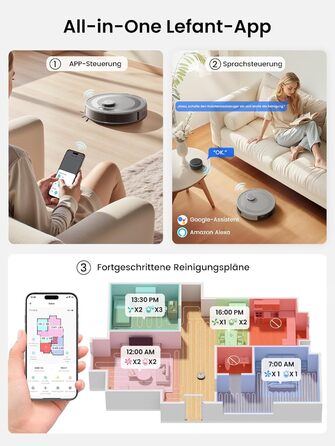 Робот-пилосос LEFANT M2 Pro Mondgrau з функцією миття, 5000Pa, LiDAR, 150 хв, розпізнавання килима, керування через додаток/голос, для видалення шерсті тварин, чорний