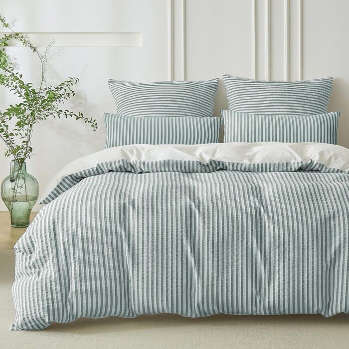 Набір постільної білизни SOULFUL 200x200, бавовна, смугастий дизайн, джакард, екологічна бавовна, бохо стиль, преміум якість, сертифікат Öko-Tex 100, колір деним (темно-зелений & білий), 4-елементний комплект (2x 135*200 см | 2x 80*80 см)
