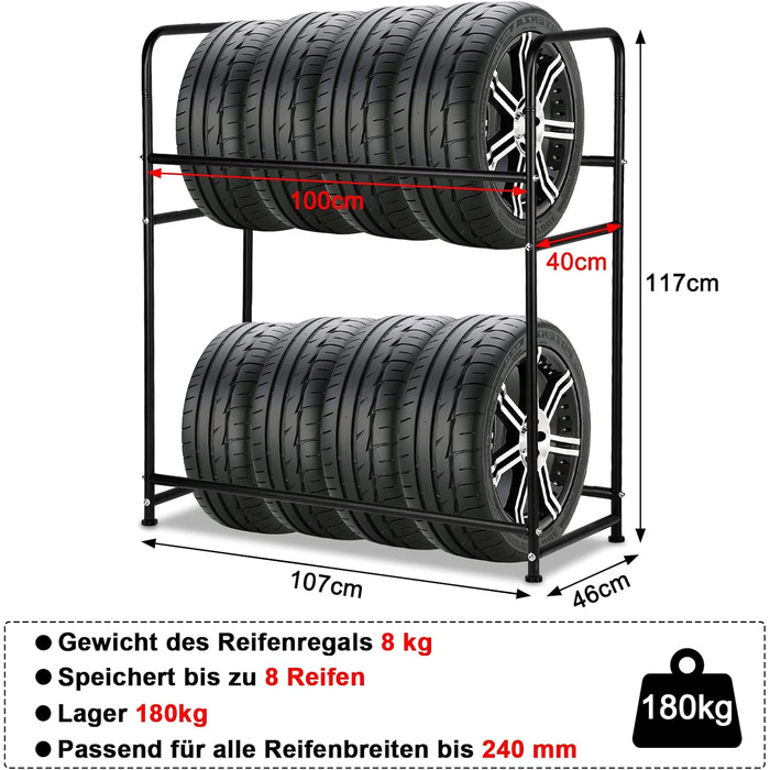 Стеляж для шин на 8 шин, 107 x 46 x 117 см, 2 яруси, регулювання висоти, вантажопідйомність 180 кг, з захисними чохлами для гаража, підвалу, майстерні, 1 шт.