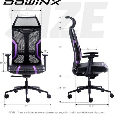 Ігровий крісло Dowinx з 3D підлокітниками, офісне крісло, ергономічне, з функцією гойдання, шкіряне, поворотне, для офісу та дому, чорний, сірий (чорний, фіолетовий)