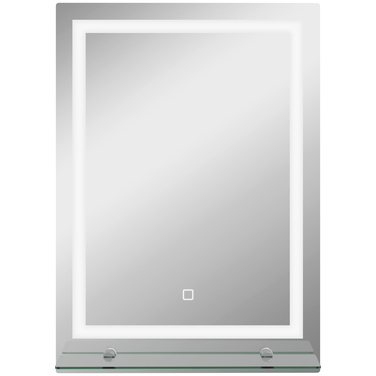 Дзеркало для ванної кімнати зі світлодіодним підсвічуванням, регульованою яскравістю, проти запотівання, сенсорним вимикачем, полицею, розміром 50 x 70 см, срібного кольору.