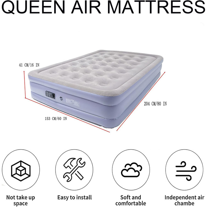 Надувне ліжко Icelus 204x153x23 см з повітряним насосом - ліжко для кемпінгу, подорожей та дому (2 особи)