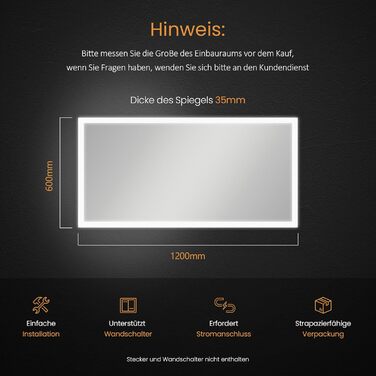 Дзеркало для ванної кімнати EMKE з підсвічуванням 120x60 см, антизапарник, кнопковий вимикач, тепле та холодне біле світло, IP44, енергозберігаюче