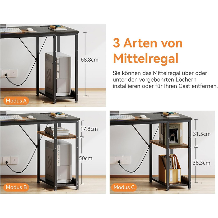 Комп'ютерний стіл Coleshome з висувними ящиками з тканини, 130x48 см. 2 розетки та 2 USB-порти для зарядки. Стільниця з полицею, реверсивний офісний стіл для дому та офісу (Чорний, 130x48x75.7 см)