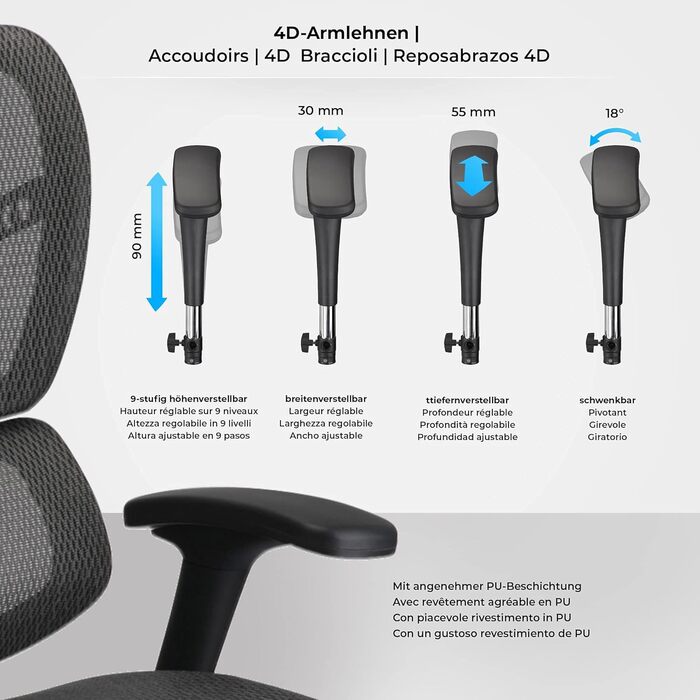 Офісне крісло CLP Norfolk Ergonomic - ергономічне крісло для офісу з підголівником, сірого кольору