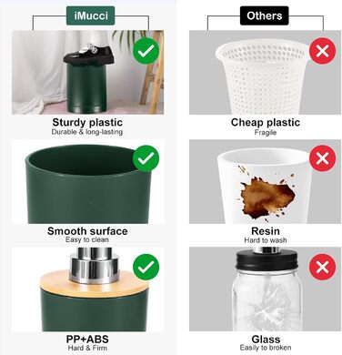 Набір аксесуарів для ванної кімнати iMucci: сміттєвий бак, щітка для унітазу, тримач для зубних щіток, диспенсер для лосьйону/мила, мильниця, стакан для зубних щіток, тримач для ватних паличок (з бамбукової обтяжки), пастельно-зелений, 9 предметів (темно-