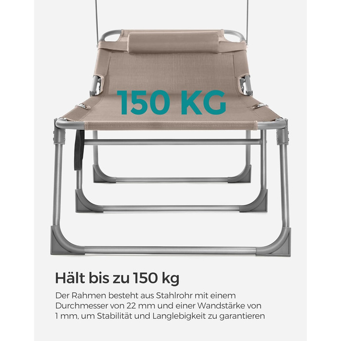 Лежак для відпочинку SONGMICS, розкладний, 193 x 53 x 29 см, до 150 кг, захист від сонця, подушка, регульована спинка, для саду, басейну, тераси (Taupe, без наматрацу)