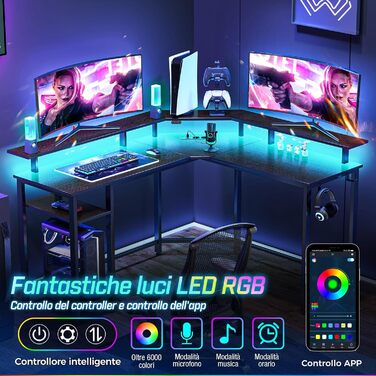 Кутовий стіл Rolanstar з LED-підсвіткою та розетками, 135 см, для комп'ютера з підставкою для монітора та полицею, реверсивний, з 2 гачками, чорний (134,5 x 117,5 x 86,9 см)