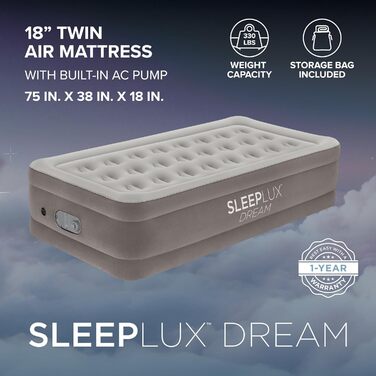 Надувний матрац SleepLux Dream Luxus подвійний з вбудованим насосом, 45.7 см, високий, для гостей, кемпінгу, дому